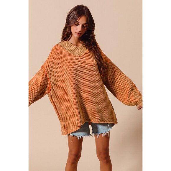 NWT Oversized Orange & Camel Knit Pullover Sweater With Collared Neckline Small - Picture 3 of 8